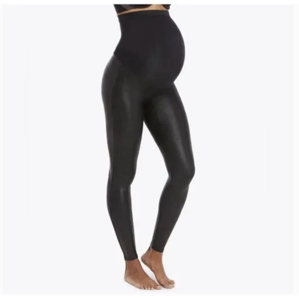Spanx‎ Mama Faux Leather Leggings Stretch Maternity Belly Panel Edgy Size Small